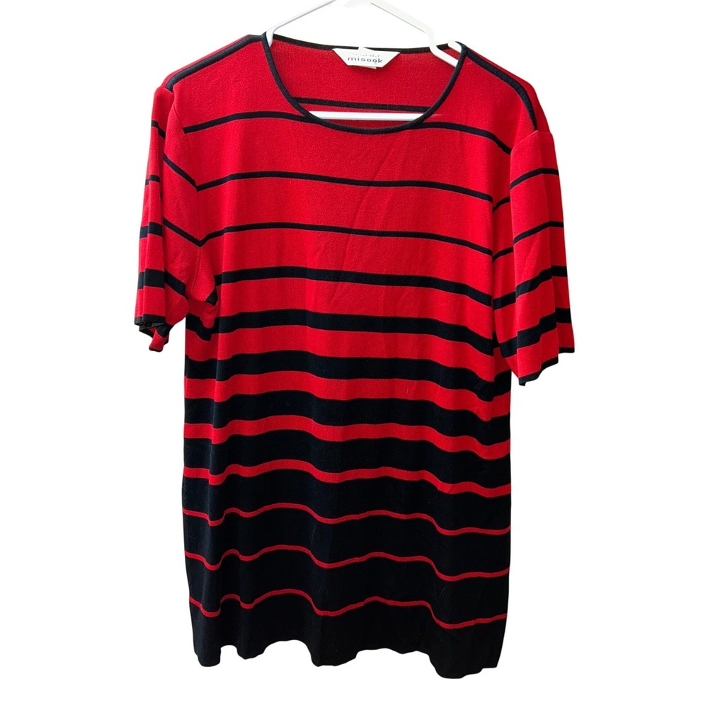 Exclusively Misook Vintage Red Black Striped Short Sleeve Knit‎ Top Crew Neck L